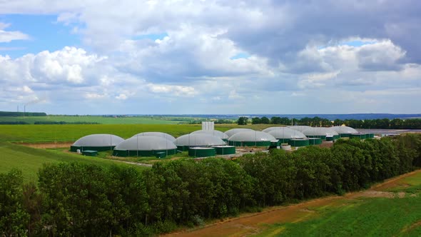 Aerial view of modern agriculture. Aerial drone view of sewage treatment plant