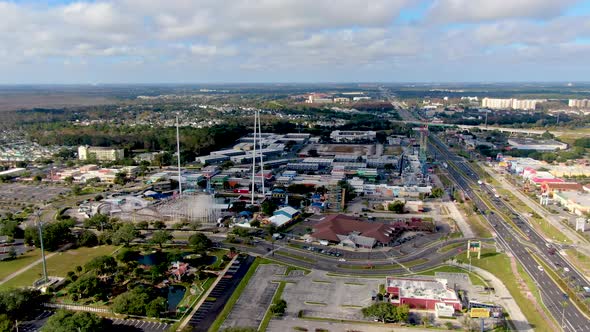 Aerial flying towards Old Town Kissimmee during day, Florida