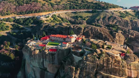 Aerial View of Monastery Trinity and Breathtaking Pictures of Valley and Landmark Canyon of Meteora