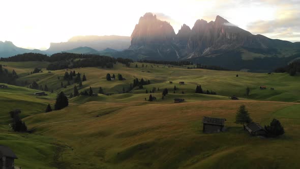 Aerial video of the sunrise in the Dolomites mountains