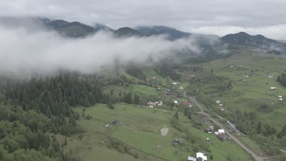 Ukraine, Carpathians: Fog in the Mountains. Aerial. Gray, Flat