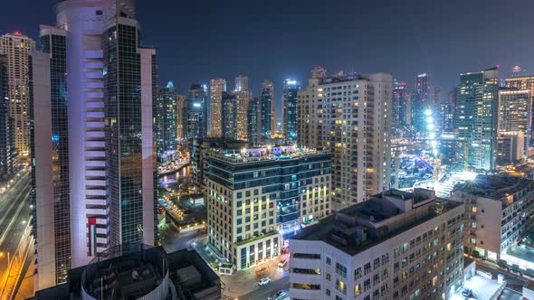 Aerial View of Dubai Marina From a Vantage Point Night Timelapse