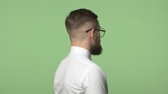 Slowmotion Handsome Male Entrepreneur Confident Man in Glasses Made New Haircut Barber Stand Back to