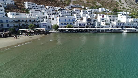 Kamares village and beach on Sifnos island in the cyclades in Greece aerial view