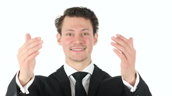 Inviting Gesture By Young Businessman on White Background