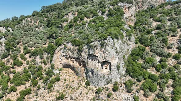 Dalyan,Mugla. Turkey. Shooting of Dalyan Rock Tombs with drone. Kaunos ancient city aerial view.