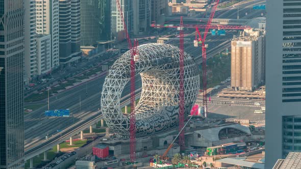 Construction Site of the Museum of the Future Aerial Timelapse Next Iconic Building of Dubai