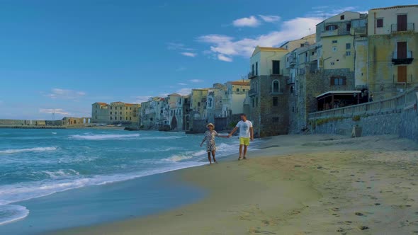 Sandy Beach and Blue Sea in Cefalu Town in Italian Metropolitan City of Palermo Located on