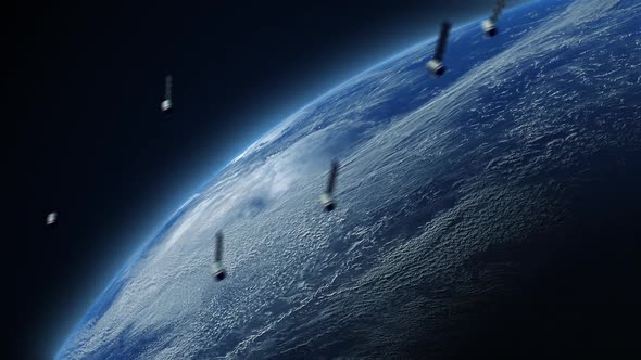 a multitude of satellites in space orbiting the earth in a chaotic pattern