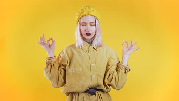 Positive Girl Relaxing, Meditating, Woman Calms Down, Breathes Deeply