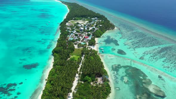 Aerial above travel of beautiful lagoon beach break by clear sea and bright sandy background of a da