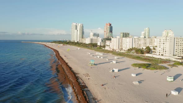  Aerial View on White Sand Beach. Miami South Beach Tropical Nature at Morning