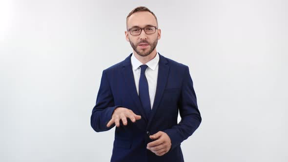 Smiling Trendy Man in Suit Talking Standing Isolated on White