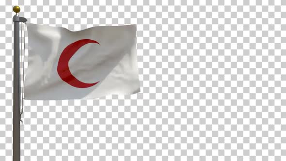 Red Crescent Flag on Flagpole with Alpha Channel - 4K