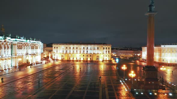 Aerial View To Palace Square with Winter Palace and Alexander Column in Background, St Petersburg