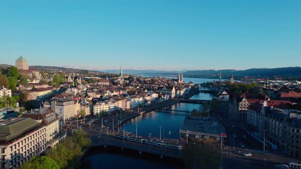 Zurich, Switzerland, Aerial View Over Limmat River Towards Zurich lake