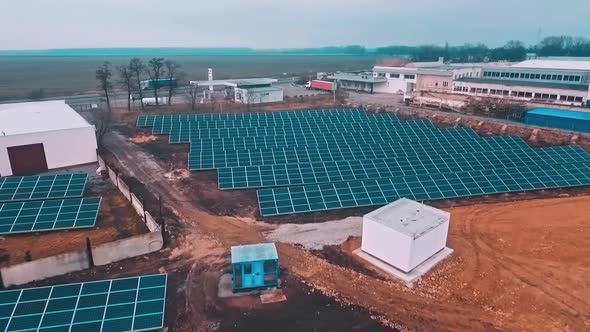 Drone Flight Over Solar Panels Field