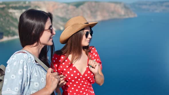 Medium Closeup Two Attractive Gossip Young Woman Enjoying Discussing Admiring Amazing Nature