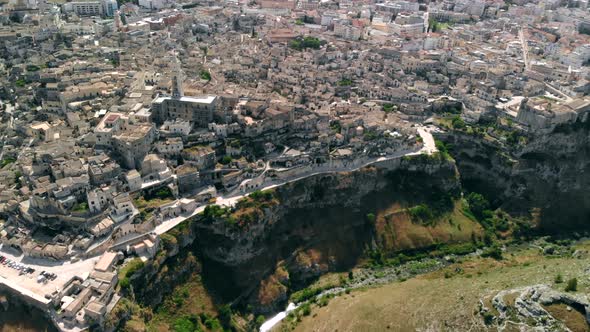 Aerial View of Flying Over Church of Ancient City of Matera, Italy, Apulia