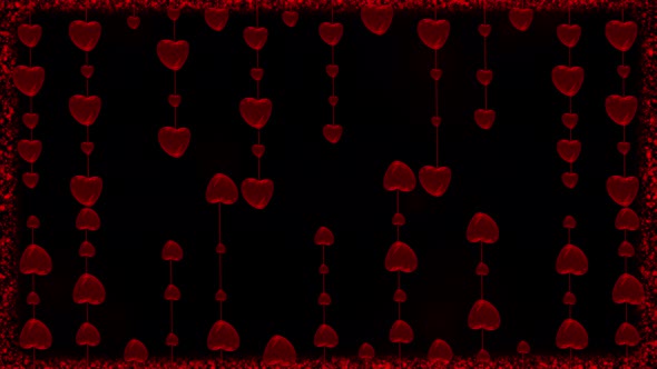 Romantic Background With Red Glass Hearts And Shiny Particles