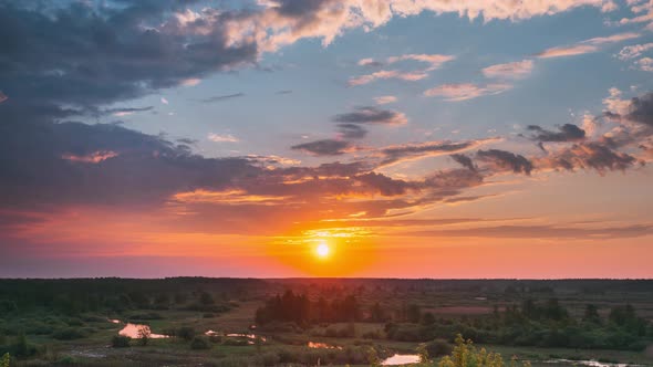 Beautiful Amazing Sunrise Above Summer Forest And River Landscape