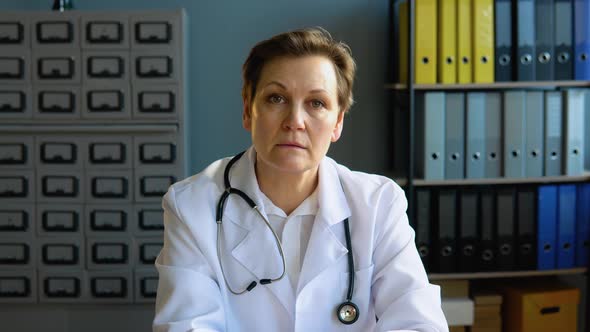 Senior Woman Doctor Wearing White Medical Coat and Stethoscope Looking at Camera