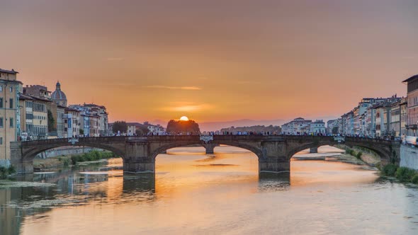 Cityscape View on Arno River with Famous Holy Trinity Bridge Timelapse on the Sunset in Florence