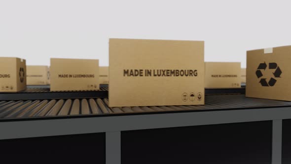 Boxes with MADE IN luxembourg Text on Conveyor