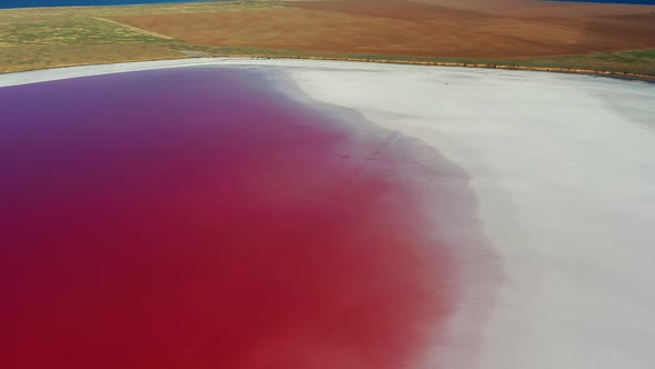 Beautiful top view of the salty, pink lake, Beautiful pink sunrise