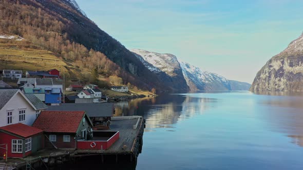 Beautiful early morning in Undredal village close by the majestic Aurlandsfjord in Norway - Low alti