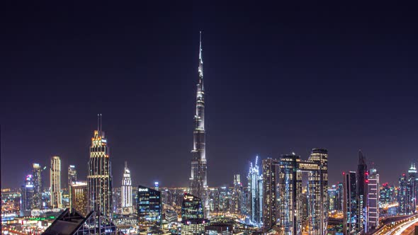 View of Burj Khalifa Dubai Downtown Skyline Overview at Sunset