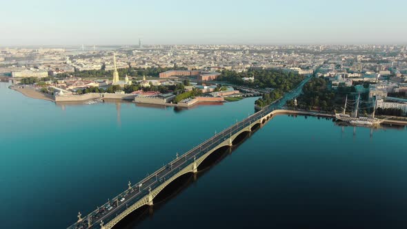 Panorama of famous drawbridge over Neva against cityscape