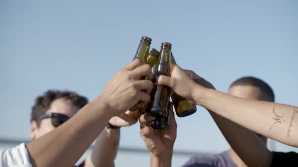 Cropped Shot of People Clinking Bottles During Sunny Day