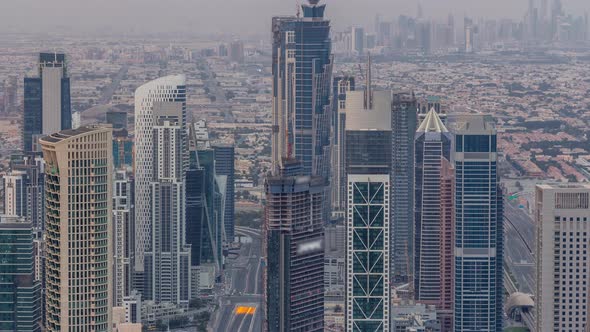 Dubai Downtown Skyline Futuristic Cityscape with Many Skyscrapers and Burj Khalifa Aerial Timelapse