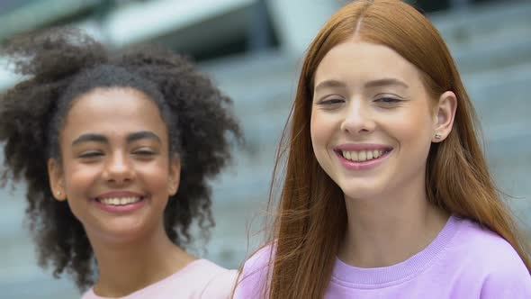 Beautiful Multiracial Female Teens Smiling on Camera, Happiness, Awkward Age