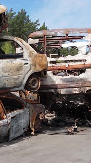 Vertical Video of Destroyed and Shot Cars in the City of Irpin Ukraine  the Consequences of the War