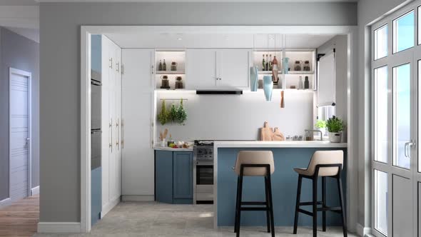 Modern Kitchen Interior With Kitchen Island, Blue And White Cabinets And Chairs