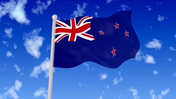 New Zealand National Flag Flying Wave In The Sky With Clouds alt