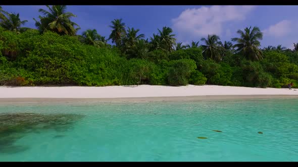 Aerial top down landscape of exotic island beach lifestyle by aqua blue water and white sand backgro