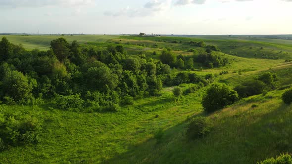 Aerial Shot Of The Countryside Over The Grain Fields Of Ukraine. Agriculture