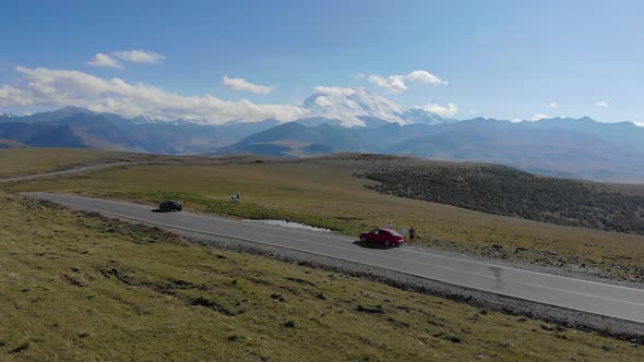 Aerial View of the Road Passing By the Caucasus Mountain Range Elbrus Region