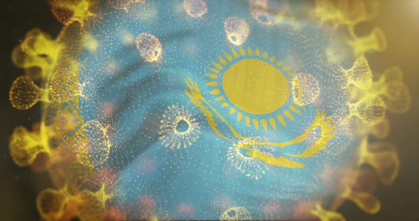 Kazakhstan Flag With Coronavirus Microbe Centered