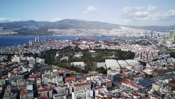 Drone view on poverty slum district and muslim mosque