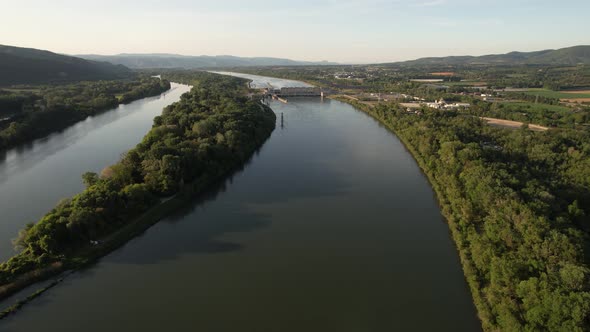 Aerial shoot of renewable energy, hydroelectric power plant in France