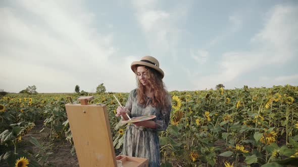 Picturesque View of Beautiful Lady Painting Among Sunflowers Under Bright Sky