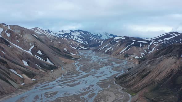 Birds Eye View of the Valley of Thorsmork with Glacier River and Snowy Highlands in Iceland