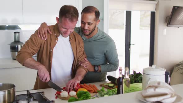 Multi ethnic male same sex couple preparing food and talking in kitchen