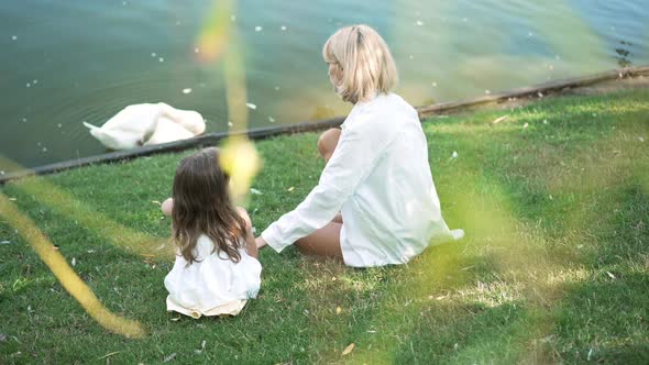 Back View Happy Woman and Girl Admiring White Swan on Lake Talking in Slow Motion