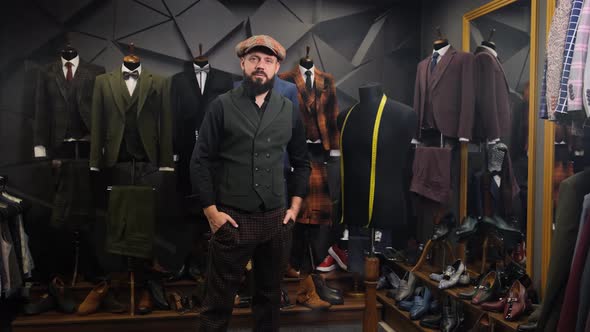 Bearded Tailor Portrait. Handmade Costume Designer Works in His Store. Fashion, Small Business