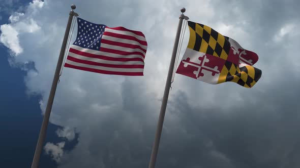 Waving Flags Of The United States And The Maryland State 4K